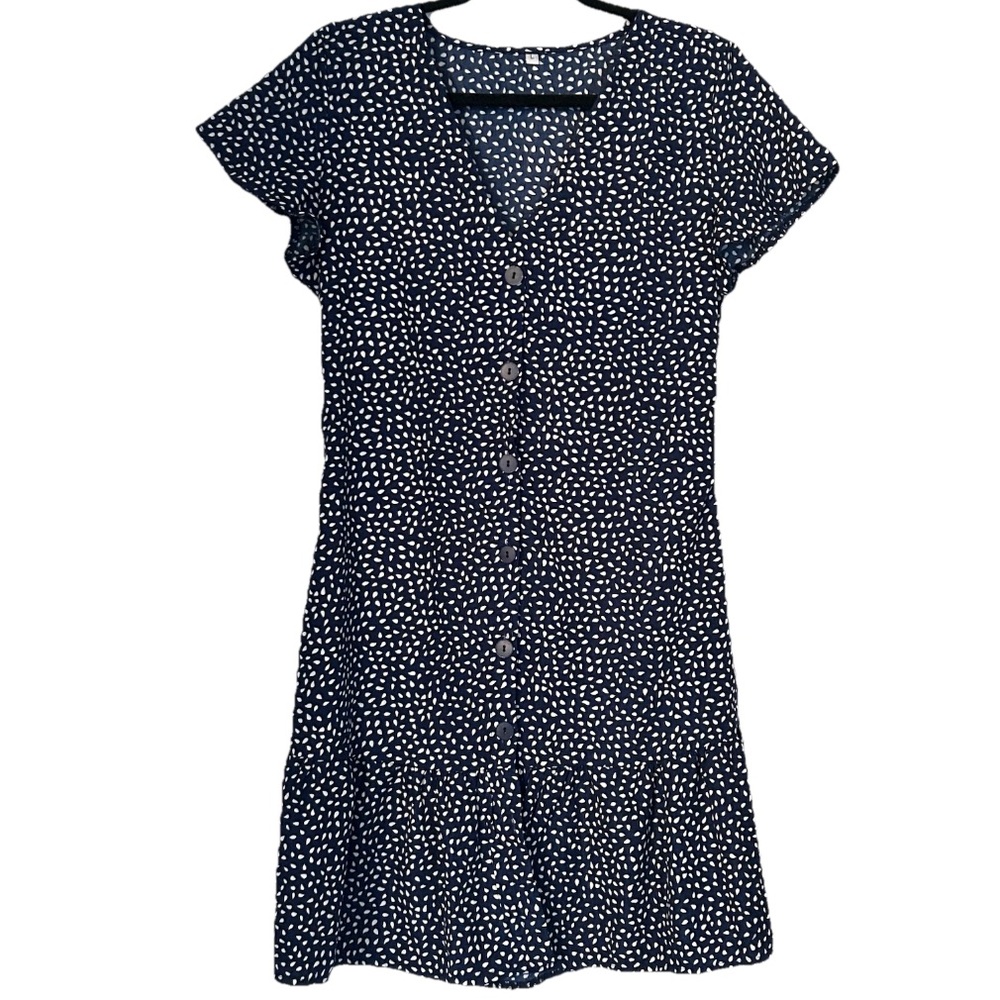 Navy Blue and White Polka Dot Button Down Dress Short Sleeve Lightweight V Neck
